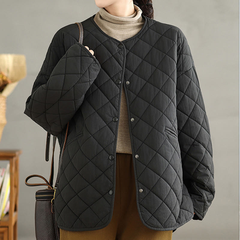 Women's Buttons Design Cotton Thermal Diamond-quilted Long Sleeve Jacket With Pockets - Image 24