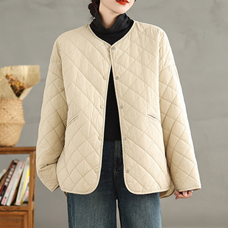 Women's Buttons Design Cotton Thermal Diamond-quilted Long Sleeve Jacket With Pockets - Image 14