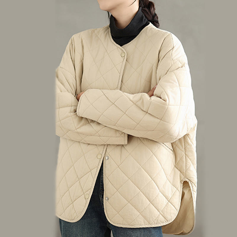 Women's Buttons Design Cotton Thermal Diamond-quilted Long Sleeve Jacket With Pockets - Image 16