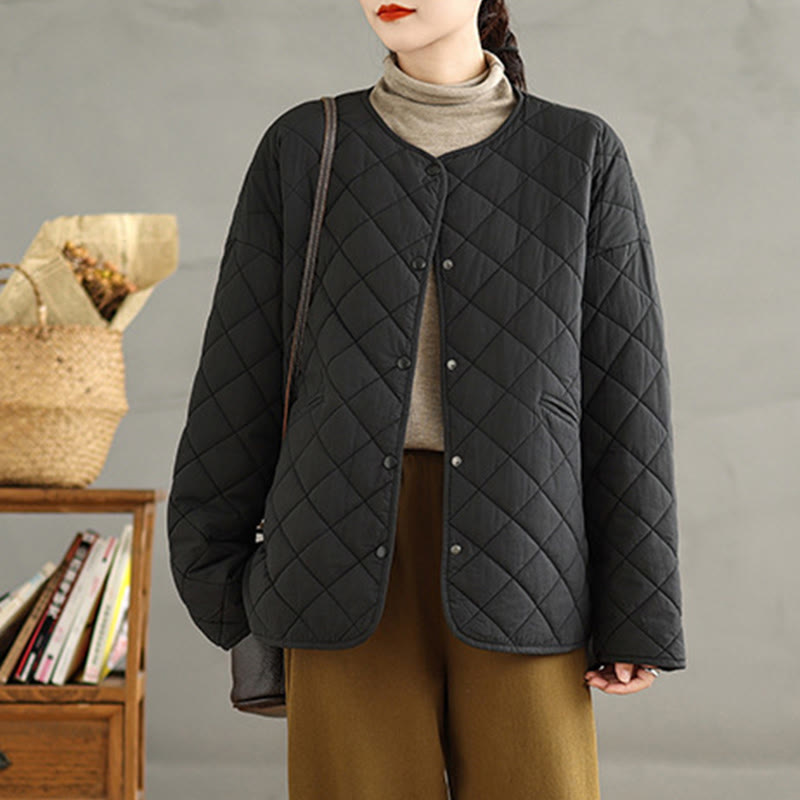 Women's Buttons Design Cotton Thermal Diamond-quilted Long Sleeve Jacket With Pockets - Image 20