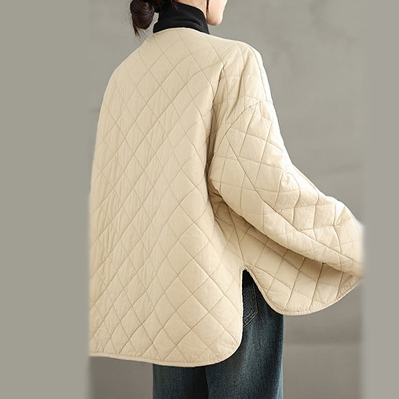 Women's Buttons Design Cotton Thermal Diamond-quilted Long Sleeve Jacket With Pockets - Image 17