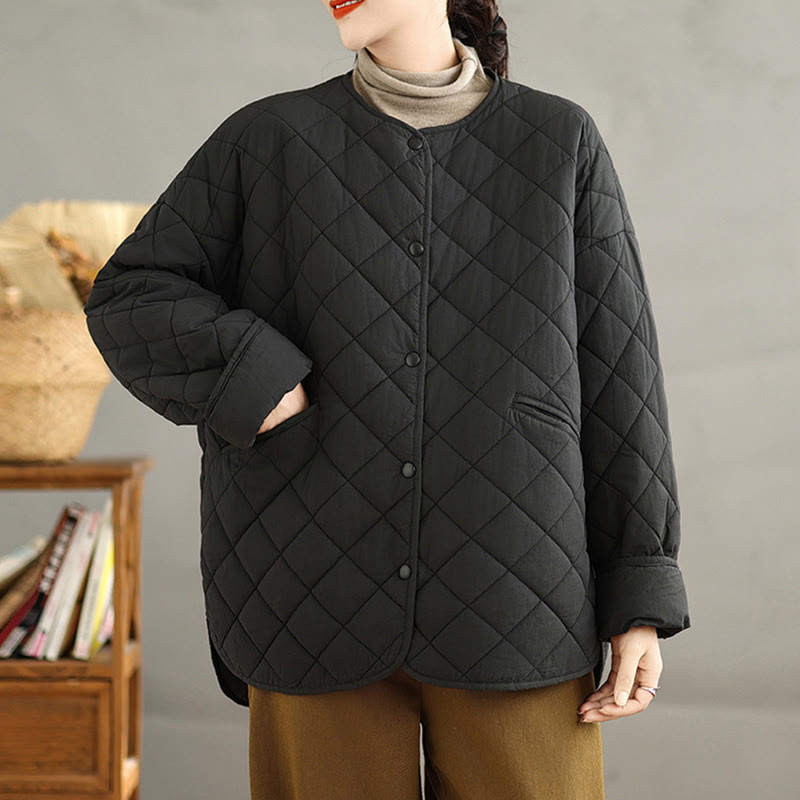Women's Buttons Design Cotton Thermal Diamond-quilted Long Sleeve Jacket With Pockets - Image 23