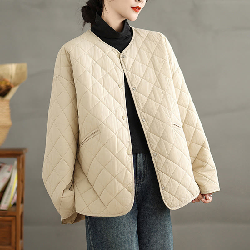 Women's Buttons Design Cotton Thermal Diamond-quilted Long Sleeve Jacket With Pockets - Image 13