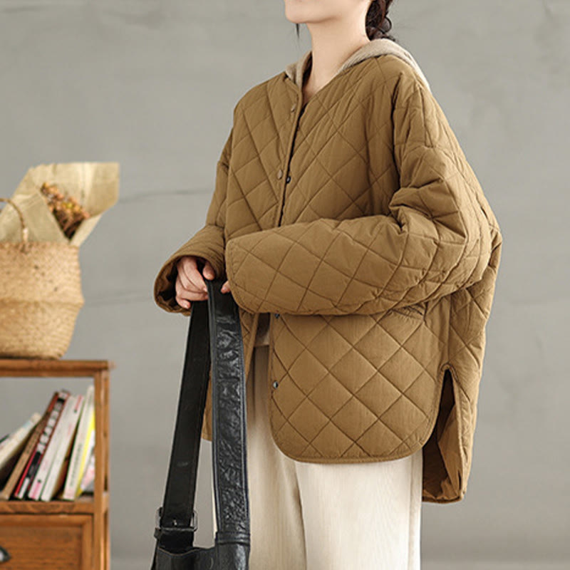 Women's Buttons Design Cotton Thermal Diamond-quilted Long Sleeve Jacket With Pockets - Image 3