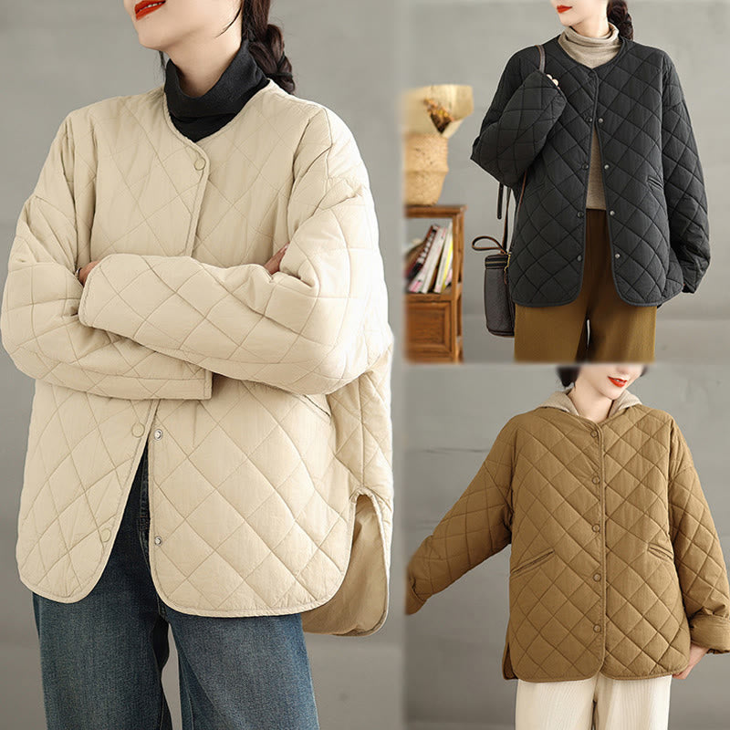Women's Buttons Design Cotton Thermal Diamond-quilted Long Sleeve Jacket With Pockets - Image 25