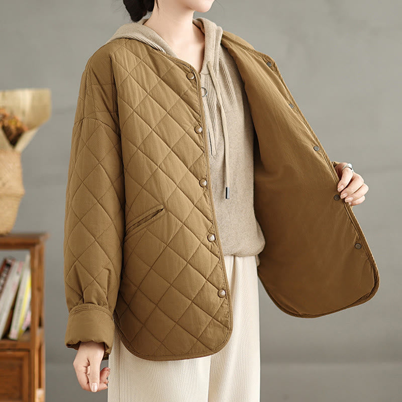 Women's Buttons Design Cotton Thermal Diamond-quilted Long Sleeve Jacket With Pockets - Image 5