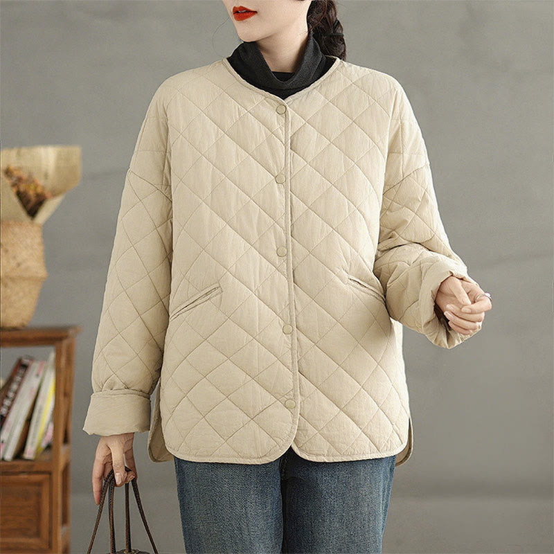 Women's Buttons Design Cotton Thermal Diamond-quilted Long Sleeve Jacket With Pockets - Image 11