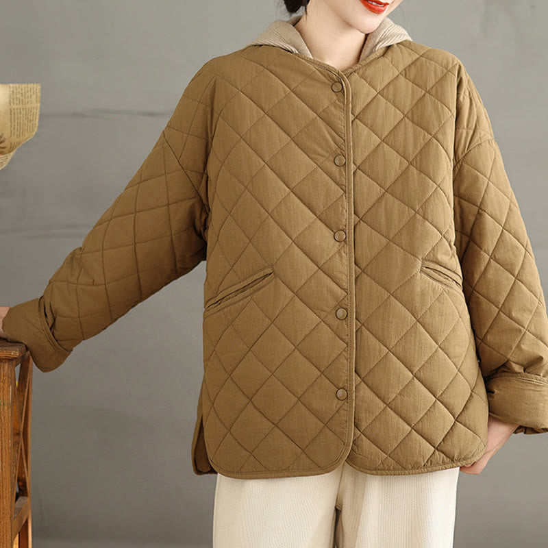 Women's Buttons Design Cotton Thermal Diamond-quilted Long Sleeve Jacket With Pockets - Image 4
