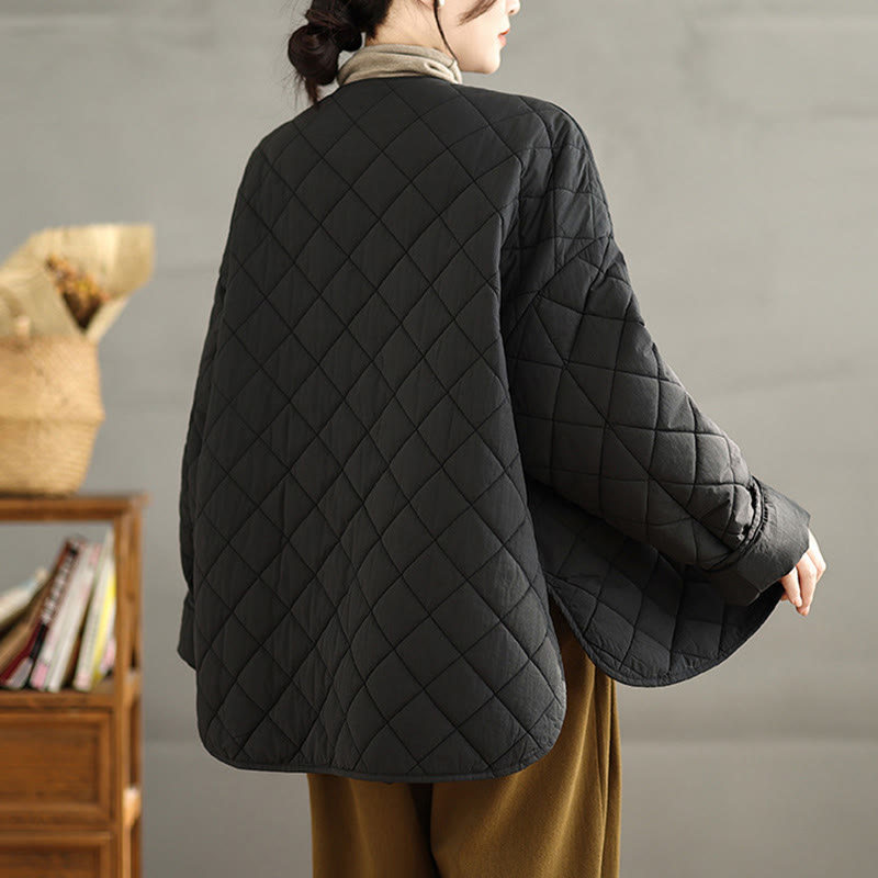 Women's Buttons Design Cotton Thermal Diamond-quilted Long Sleeve Jacket With Pockets - Image 22