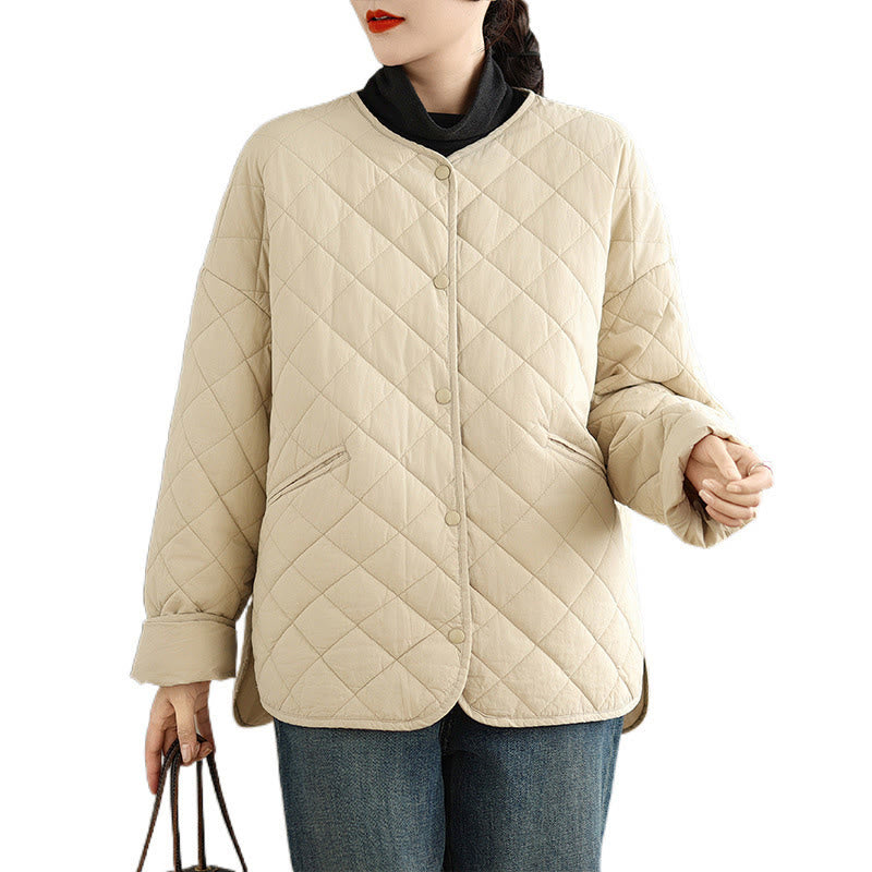 Women's Buttons Design Cotton Thermal Diamond-quilted Long Sleeve Jacket With Pockets - Image 18