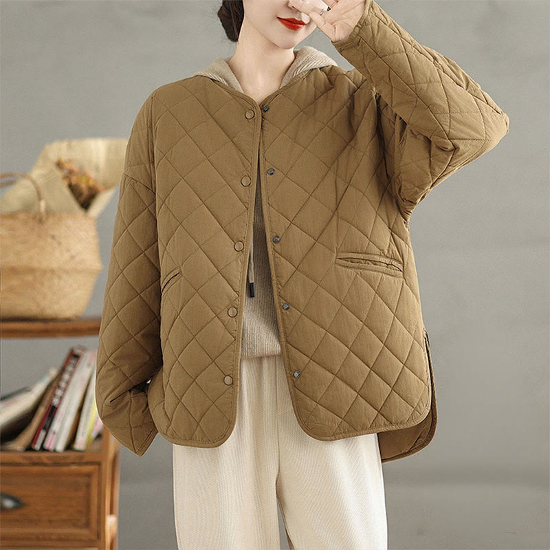 Women's Buttons Design Cotton Thermal Diamond-quilted Long Sleeve Jacket With Pockets