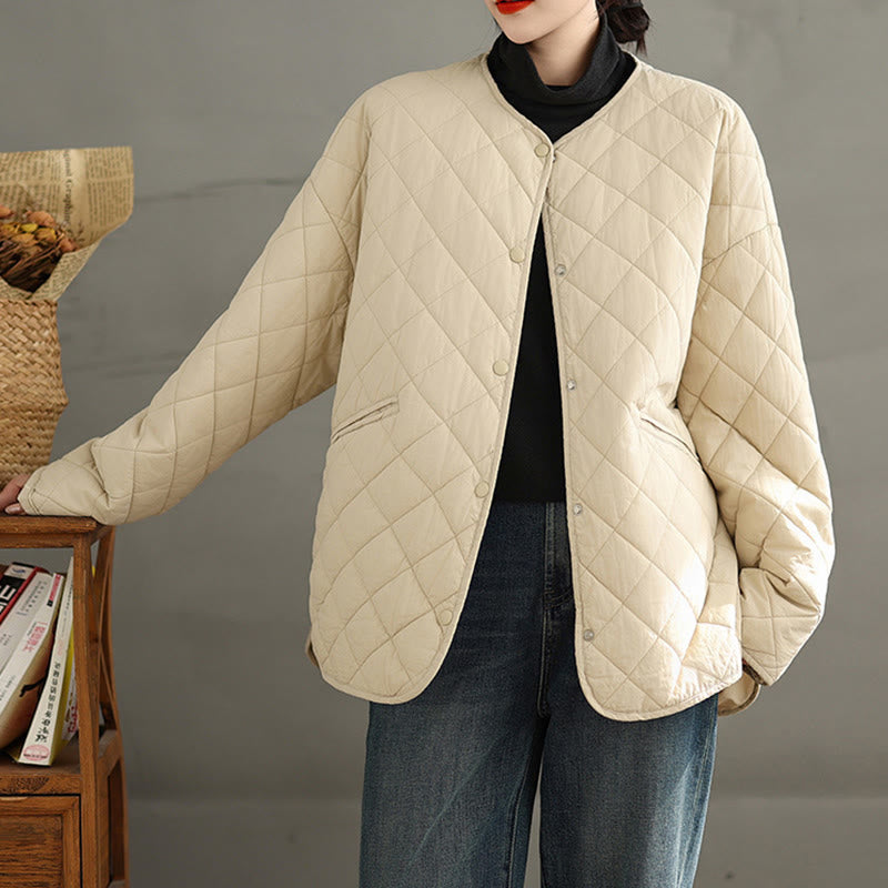 Women's Buttons Design Cotton Thermal Diamond-quilted Long Sleeve Jacket With Pockets - Image 12