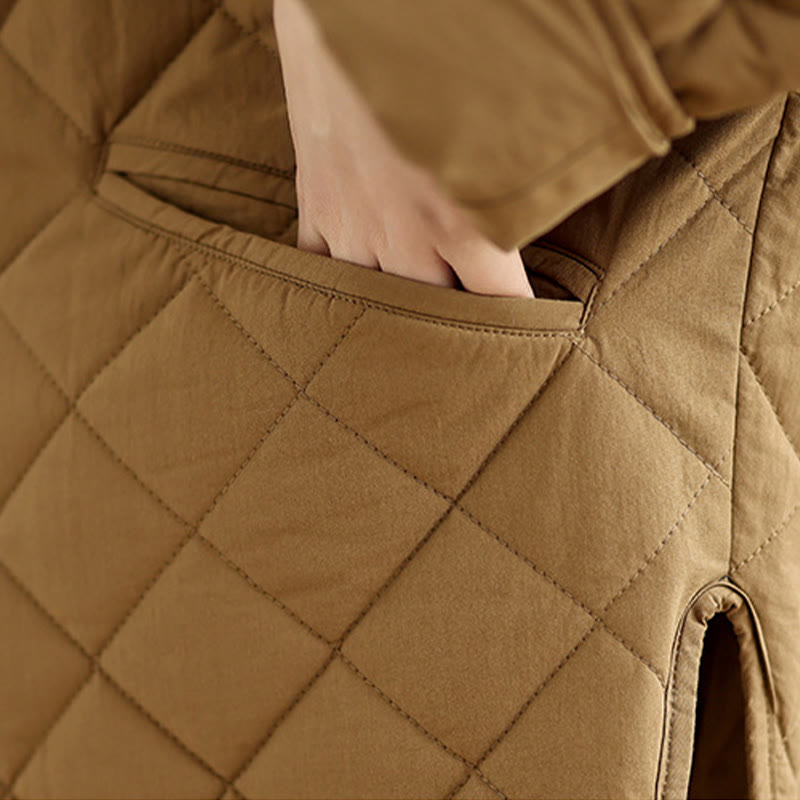 Women's Buttons Design Cotton Thermal Diamond-quilted Long Sleeve Jacket With Pockets - Image 9