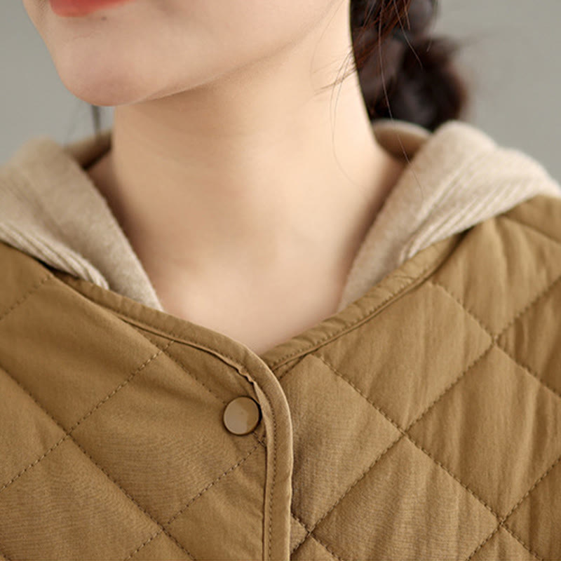 Women's Buttons Design Cotton Thermal Diamond-quilted Long Sleeve Jacket With Pockets - Image 7