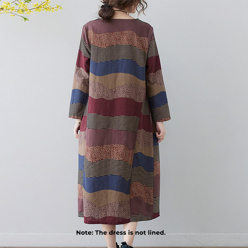 Ethnic Printing Striped Pattern Long Sleeve Cotton Linen Midi Dress With Pockets - Image 3