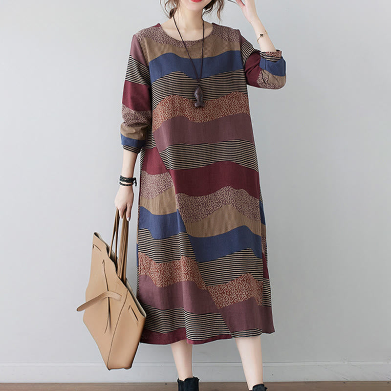 Ethnic Printing Striped Pattern Long Sleeve Cotton Linen Midi Dress With Pockets - Image 5