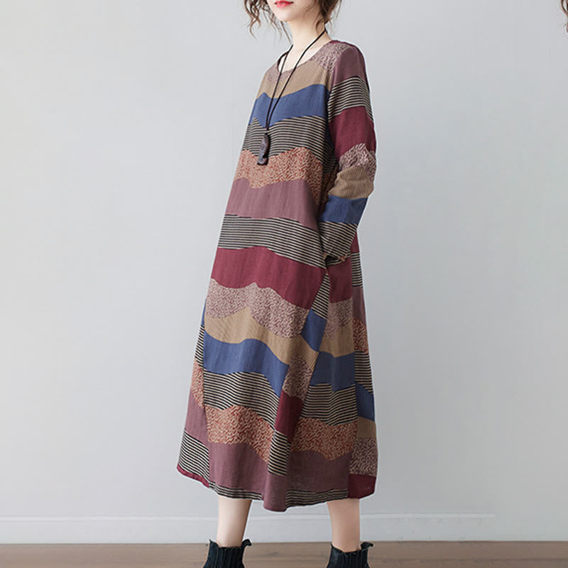 Ethnic Printing Striped Pattern Long Sleeve Cotton Linen Midi Dress With Pockets - Image 8
