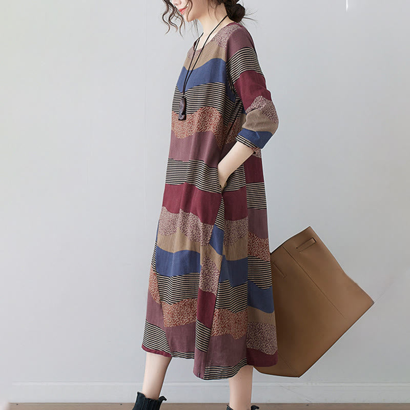 Ethnic Printing Striped Pattern Long Sleeve Cotton Linen Midi Dress With Pockets - Image 6
