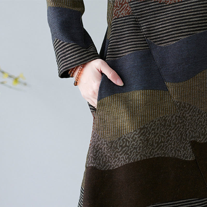 Ethnic Printing Striped Pattern Long Sleeve Cotton Linen Midi Dress With Pockets - Image 27