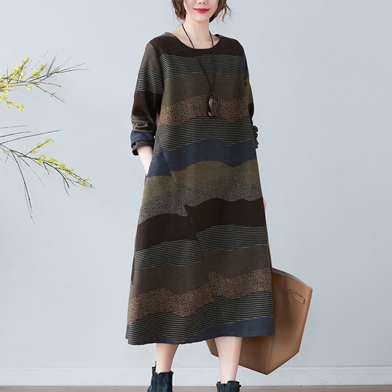 Ethnic Printing Striped Pattern Long Sleeve Cotton Linen Midi Dress With Pockets - Image 23