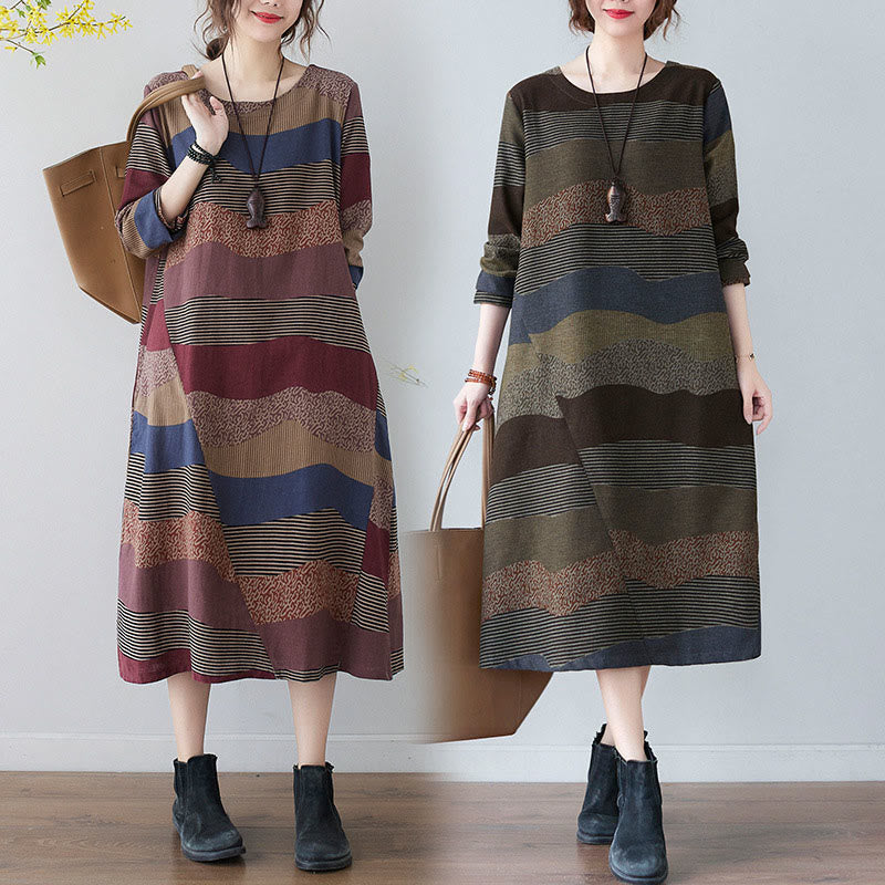 Ethnic Printing Striped Pattern Long Sleeve Cotton Linen Midi Dress With Pockets