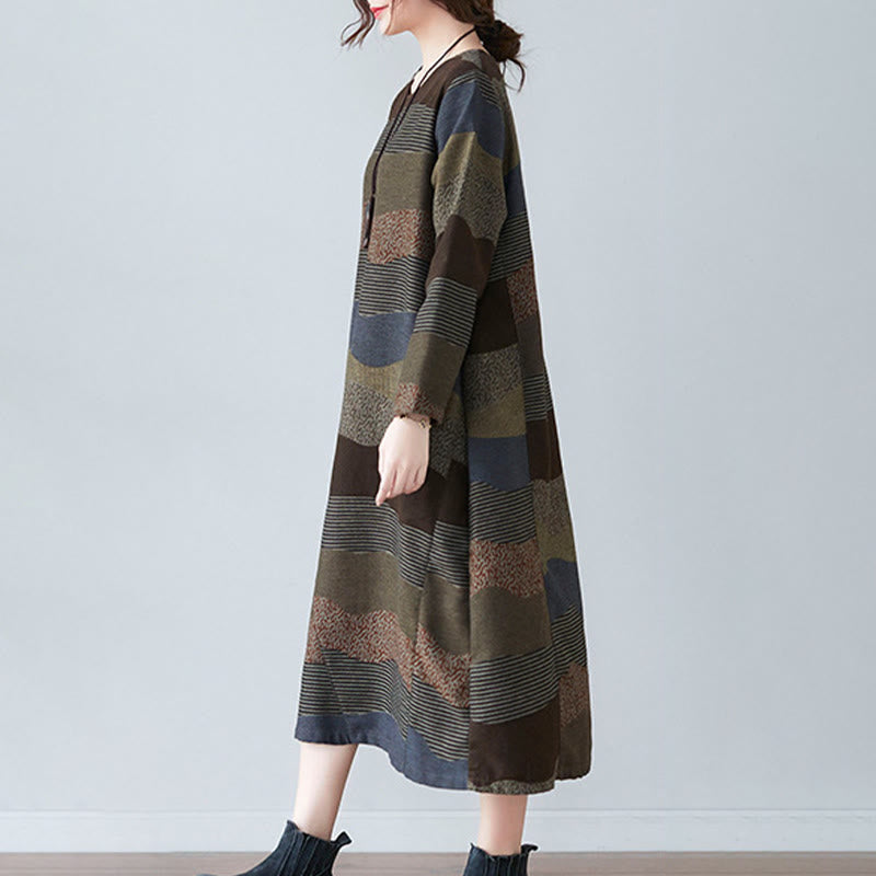 Ethnic Printing Striped Pattern Long Sleeve Cotton Linen Midi Dress With Pockets - Image 18