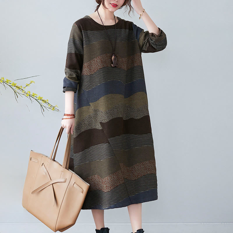 Ethnic Printing Striped Pattern Long Sleeve Cotton Linen Midi Dress With Pockets - Image 24