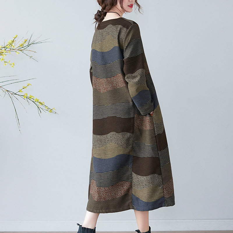 Ethnic Printing Striped Pattern Long Sleeve Cotton Linen Midi Dress With Pockets - Image 21