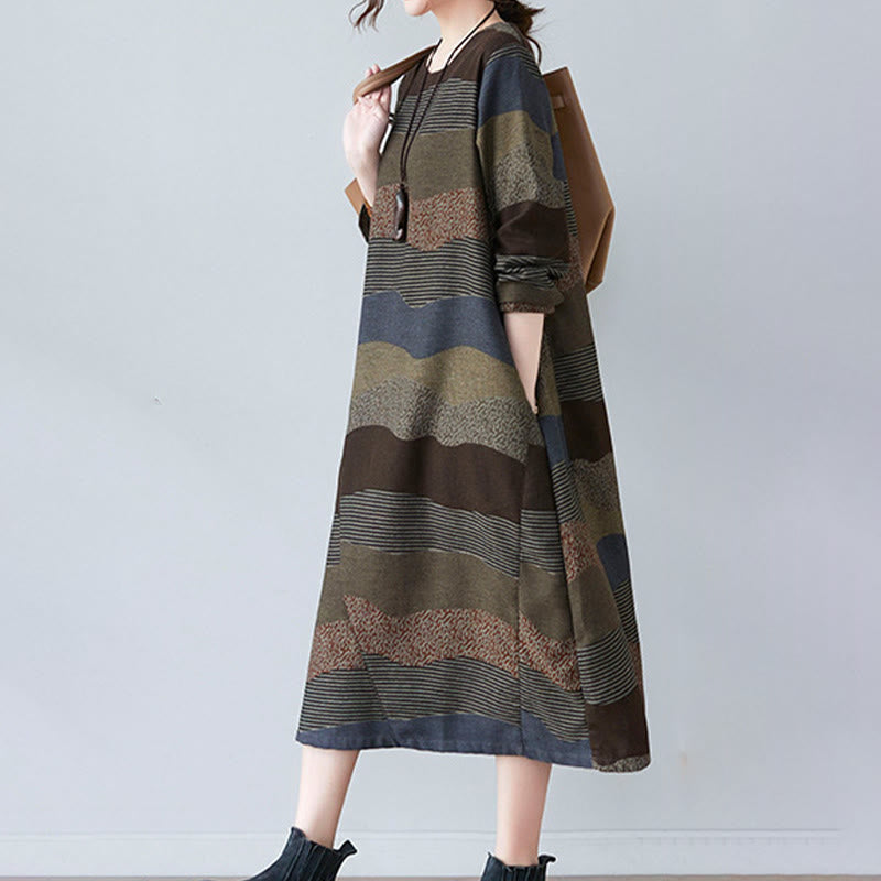 Ethnic Printing Striped Pattern Long Sleeve Cotton Linen Midi Dress With Pockets - Image 20
