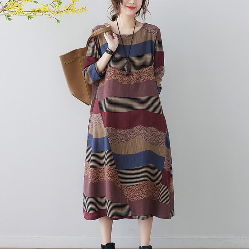 Ethnic Printing Striped Pattern Long Sleeve Cotton Linen Midi Dress With Pockets - Image 11