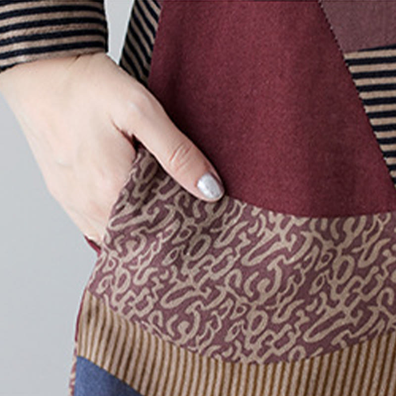 Ethnic Printing Striped Pattern Long Sleeve Cotton Linen Midi Dress With Pockets - Image 13