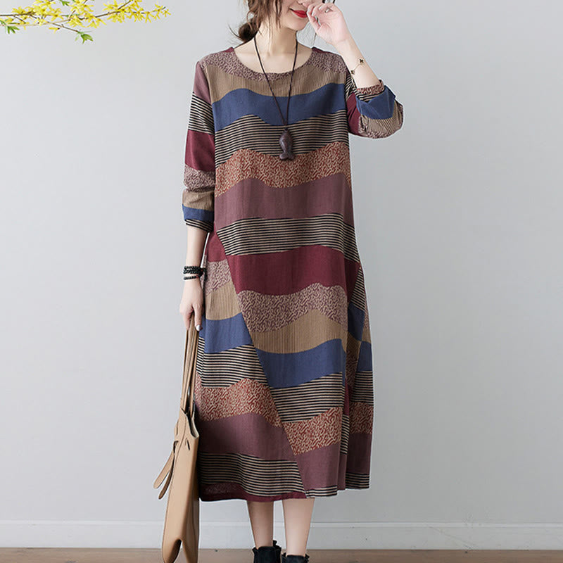 Ethnic Printing Striped Pattern Long Sleeve Cotton Linen Midi Dress With Pockets - Image 10