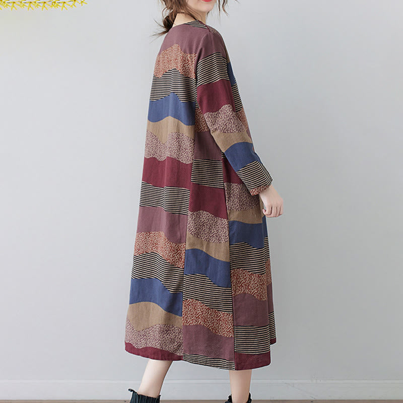 Ethnic Printing Striped Pattern Long Sleeve Cotton Linen Midi Dress With Pockets - Image 9