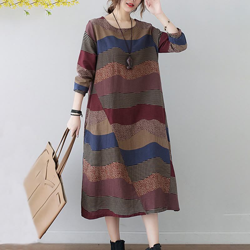 Ethnic Printing Striped Pattern Long Sleeve Cotton Linen Midi Dress With Pockets - Image 4