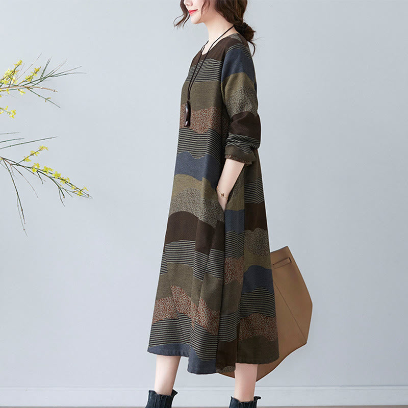 Ethnic Printing Striped Pattern Long Sleeve Cotton Linen Midi Dress With Pockets - Image 22