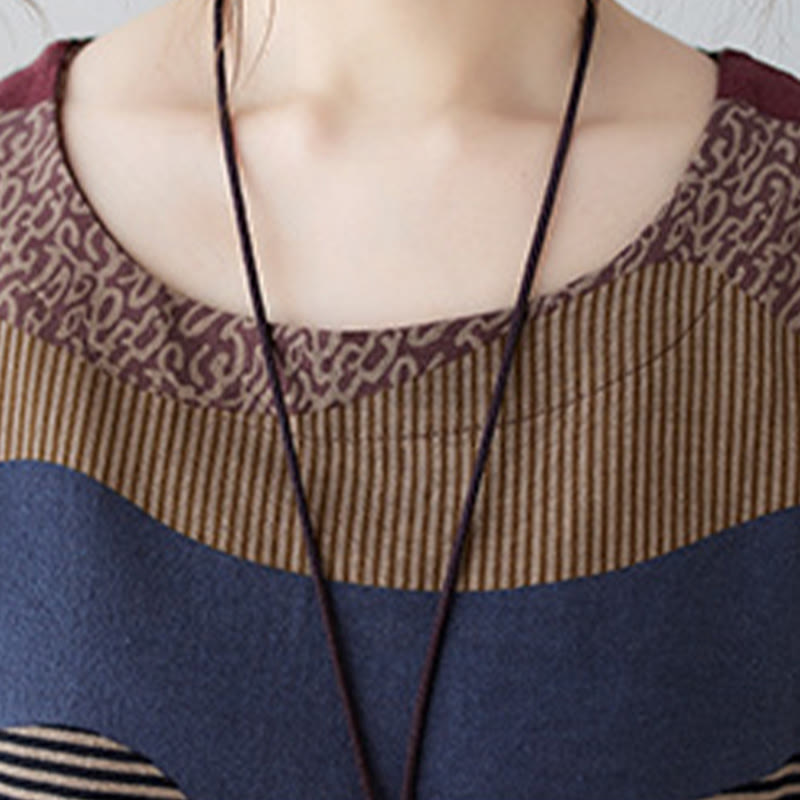 Ethnic Printing Striped Pattern Long Sleeve Cotton Linen Midi Dress With Pockets - Image 12