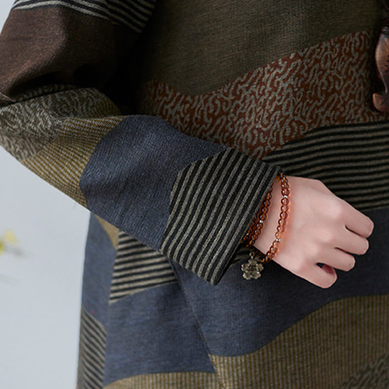 Ethnic Printing Striped Pattern Long Sleeve Cotton Linen Midi Dress With Pockets - Image 26