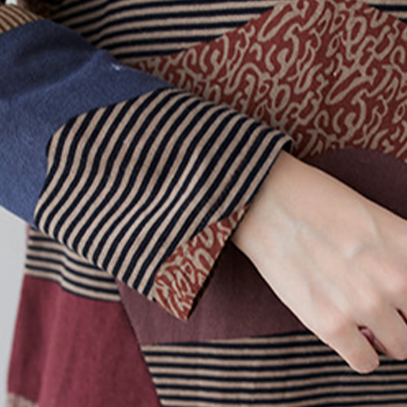 Ethnic Printing Striped Pattern Long Sleeve Cotton Linen Midi Dress With Pockets - Image 14