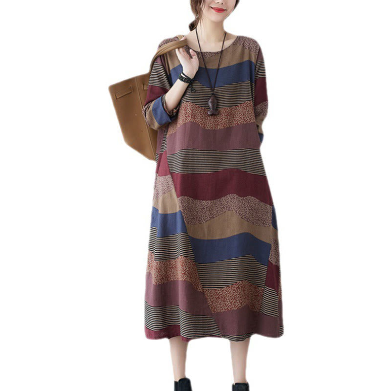 Ethnic Printing Striped Pattern Long Sleeve Cotton Linen Midi Dress With Pockets - Image 15