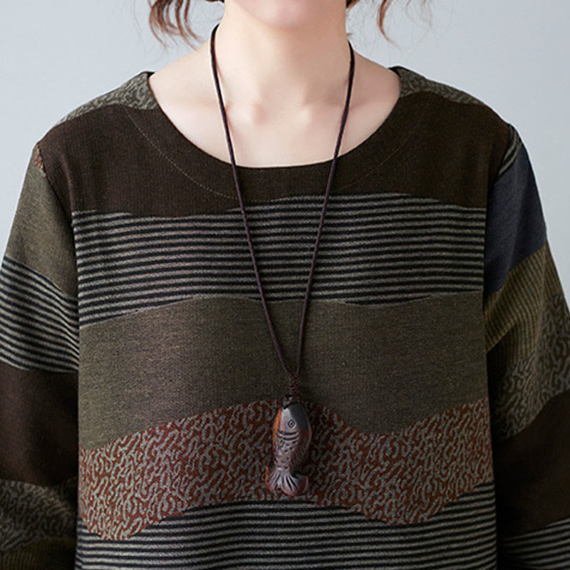 Ethnic Printing Striped Pattern Long Sleeve Cotton Linen Midi Dress With Pockets - Image 25