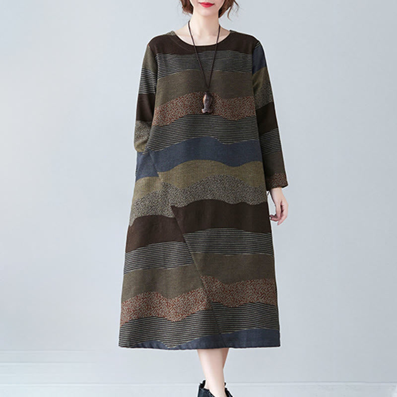 Ethnic Printing Striped Pattern Long Sleeve Cotton Linen Midi Dress With Pockets - Image 19