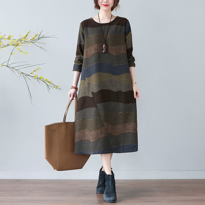 Ethnic Printing Striped Pattern Long Sleeve Cotton Linen Midi Dress With Pockets - Image 16