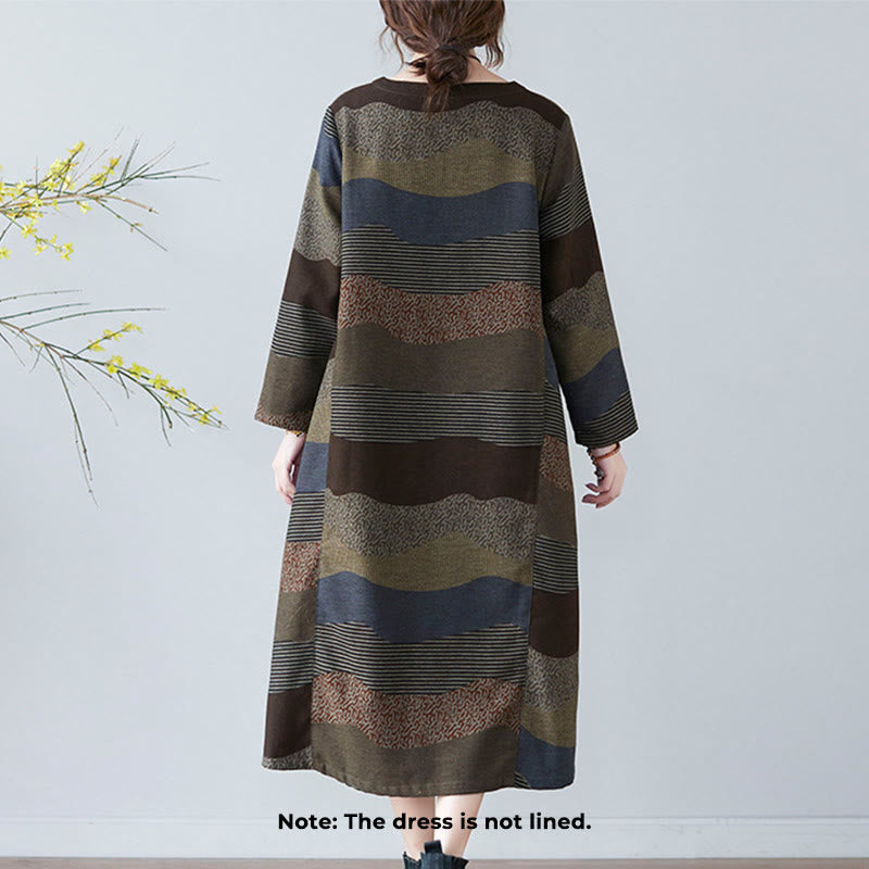 Ethnic Printing Striped Pattern Long Sleeve Cotton Linen Midi Dress With Pockets - Image 17