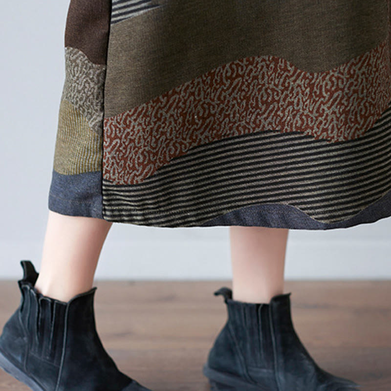 Ethnic Printing Striped Pattern Long Sleeve Cotton Linen Midi Dress With Pockets - Image 29