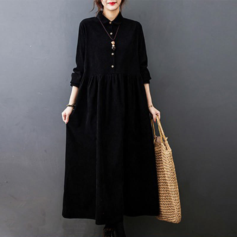 Fall Buttons Design Long Sleeve Cotton Corduroy Midi Dress With Pockets