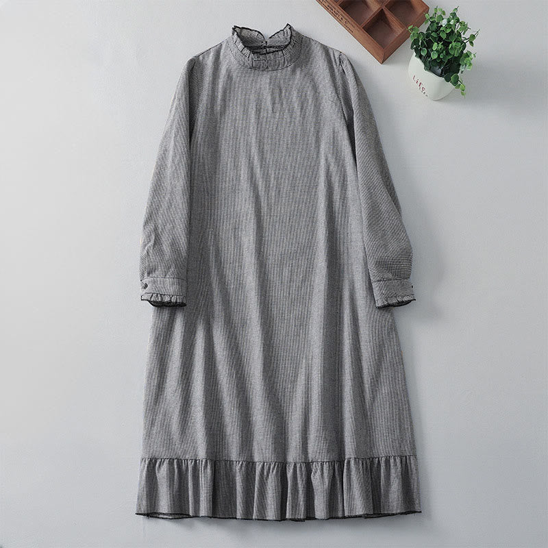 Plaid Pattern Pleated Ruffled Design Long Sleeve Cotton Midi Dress With Pockets