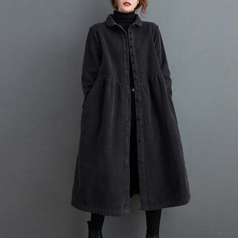 Plain Buttons Long Sleeve Women's Cotton Corduroy Fleece-Lined Coat With Pockets