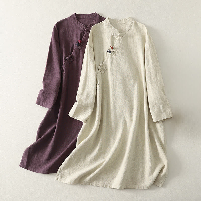 Spring Diagonal Closure Frog Buttons Design Cotton Long Sleeve Midi Dress