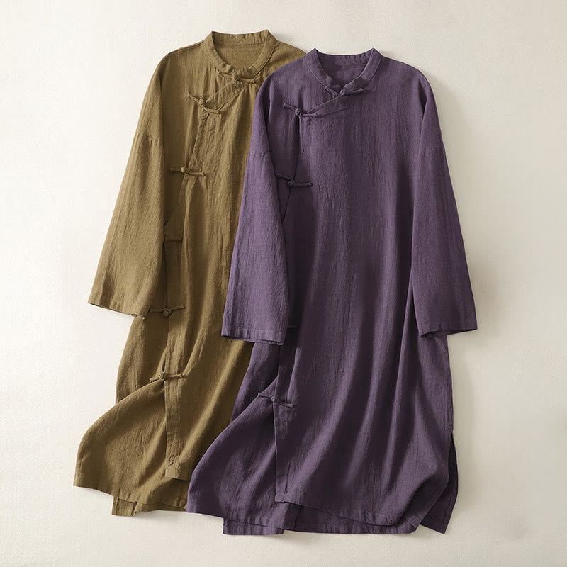 Vintage Plain Frog Buttons Asymmetrical Design Long Sleeve Cotton Linen Midi Dress