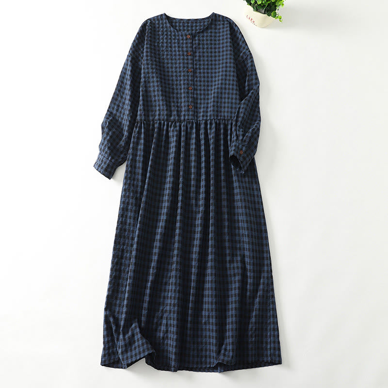 Retro Contrasting Color Plaid Puff Long Sleeve Cotton Linen Midi Dress With Pockets